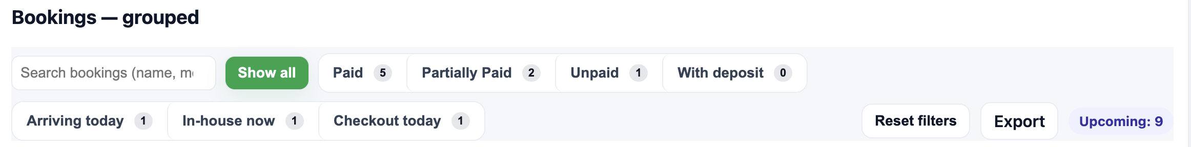 Bookings filters preview